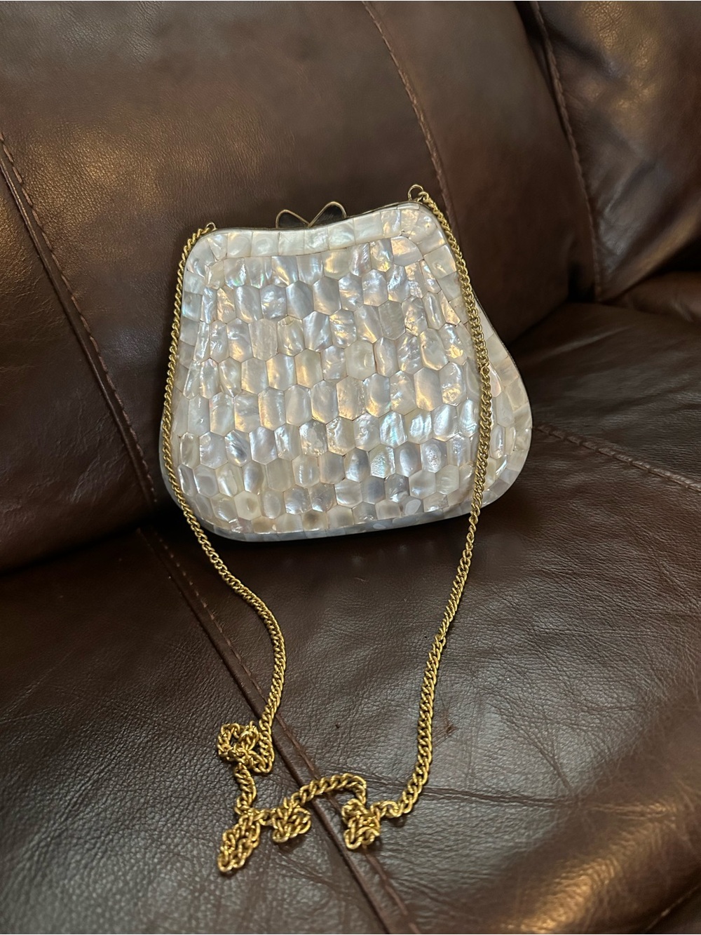 Vintage Pearlescent Shell Mosaic Clutch bag with Gold Chain - Picture 7 of 10